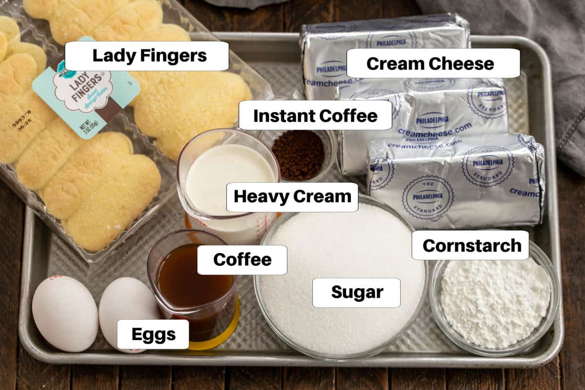 Tiramisu cheesecake ingredients with labels on a sheetpan.