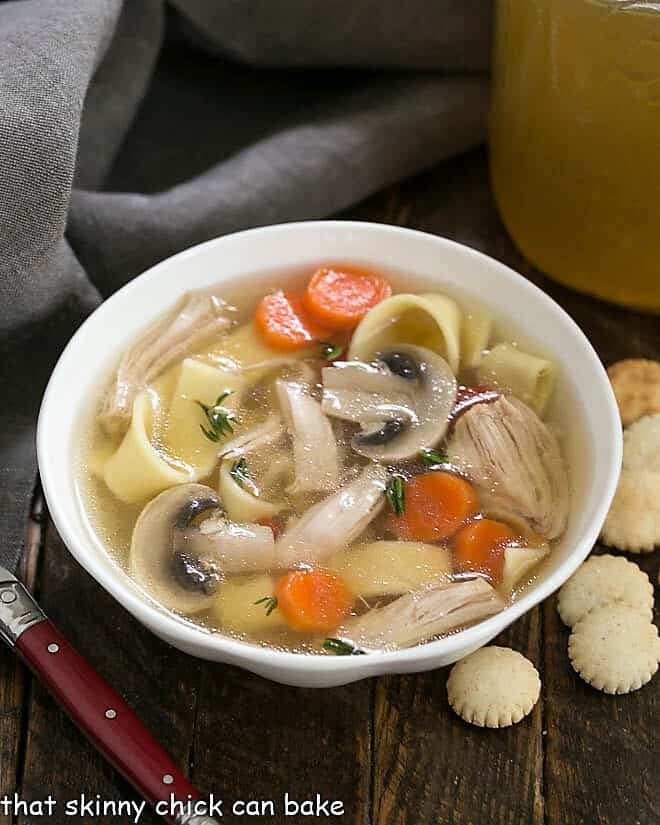 A bowl of soup made with Instant Pot Chicken Stock.