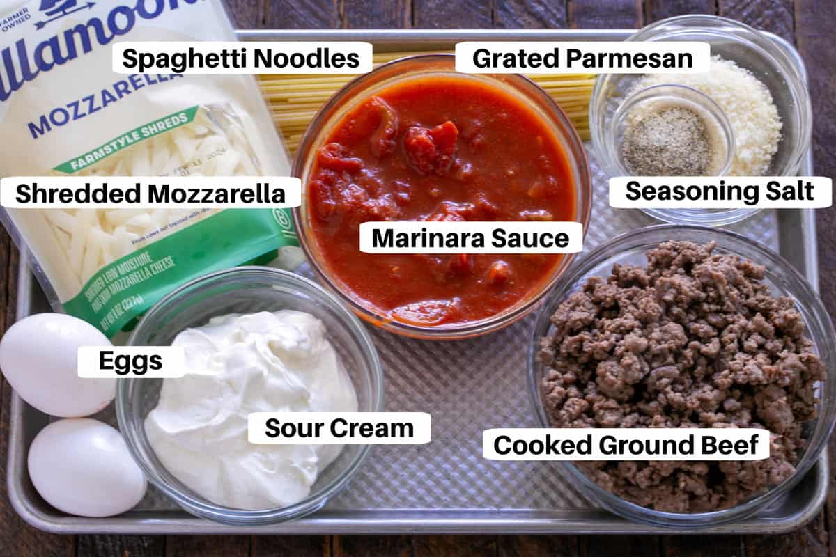 Spaghetti Pie Ingredients with labels on a sheetpan.