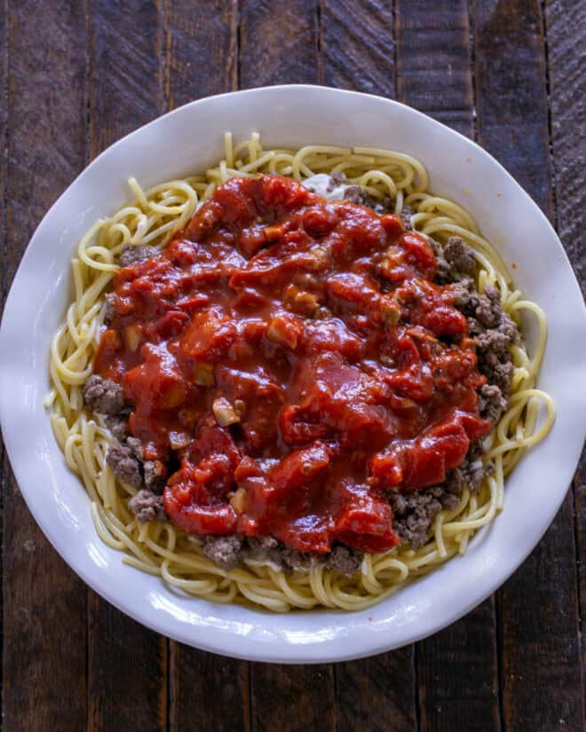 Spaghetti Pie topped with mozzerella.