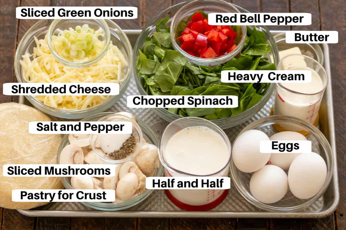 Spinach Quiche Ingredients with labels on a metal sheet pan.