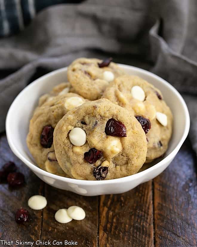Cranberry White Chocolate Cookies in a white bowl.
