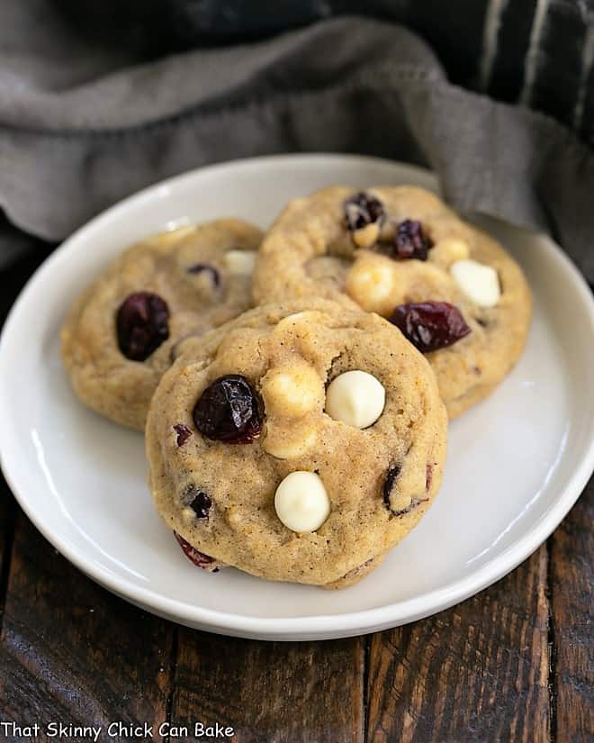 Cranberry White Chocolate Cookies on a round white plate