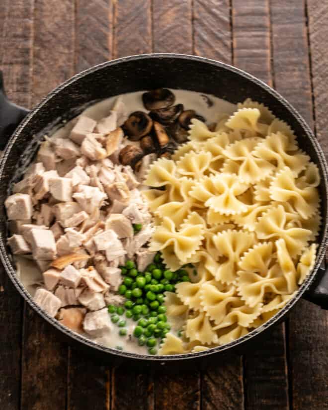 Pasta, Peas, Mushrooms and Turkey added to the cream sauce in a skillet.
