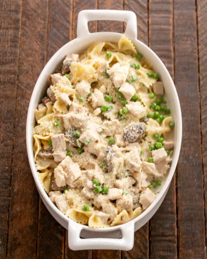 Tetrazzini mixture placed in a casserole ready for the oven.