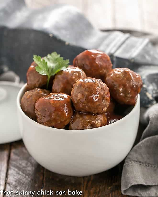 Cranberry Cocktail Meatballs in a white ceramic bowl