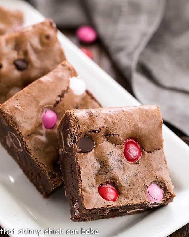 Close up view of Fudgy Chocolate Brownies on a white tray