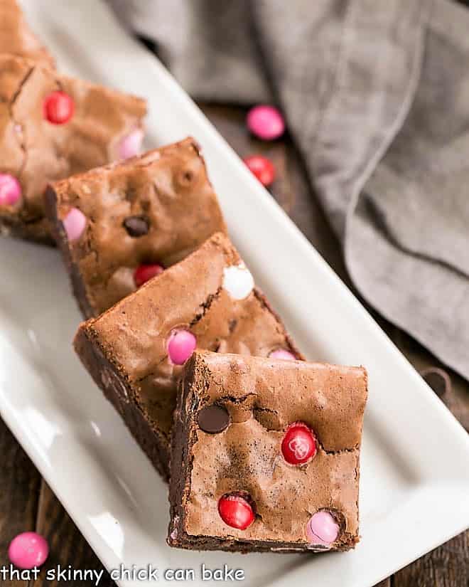 Overhead view of Fudgy Brownies from Scratch on a white tray