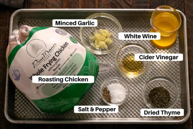 Roasted Chicken Ingredients with labels on a metal sheetpan.