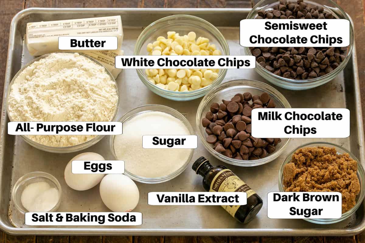 Chocolate Chip Bars Ingredients on a metal sheet pan with labels.