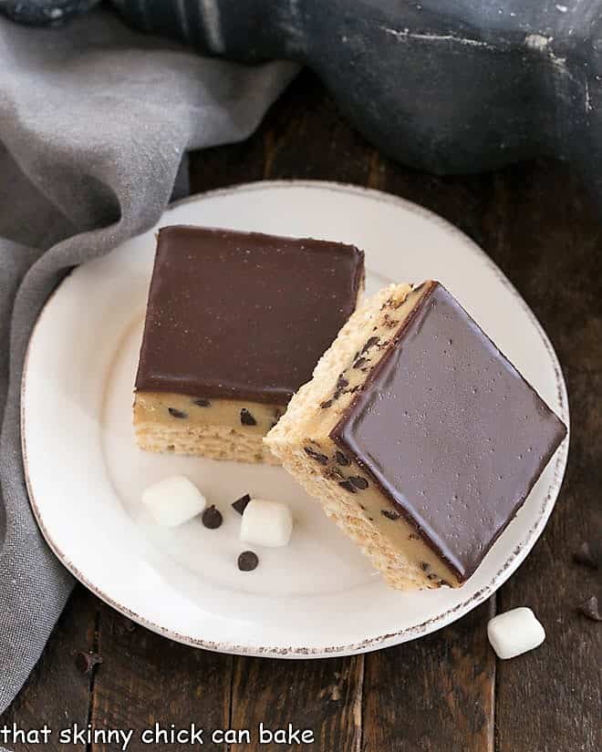 Overhead view of A Cookie Dough Rice Krispie Treats on a round white plate