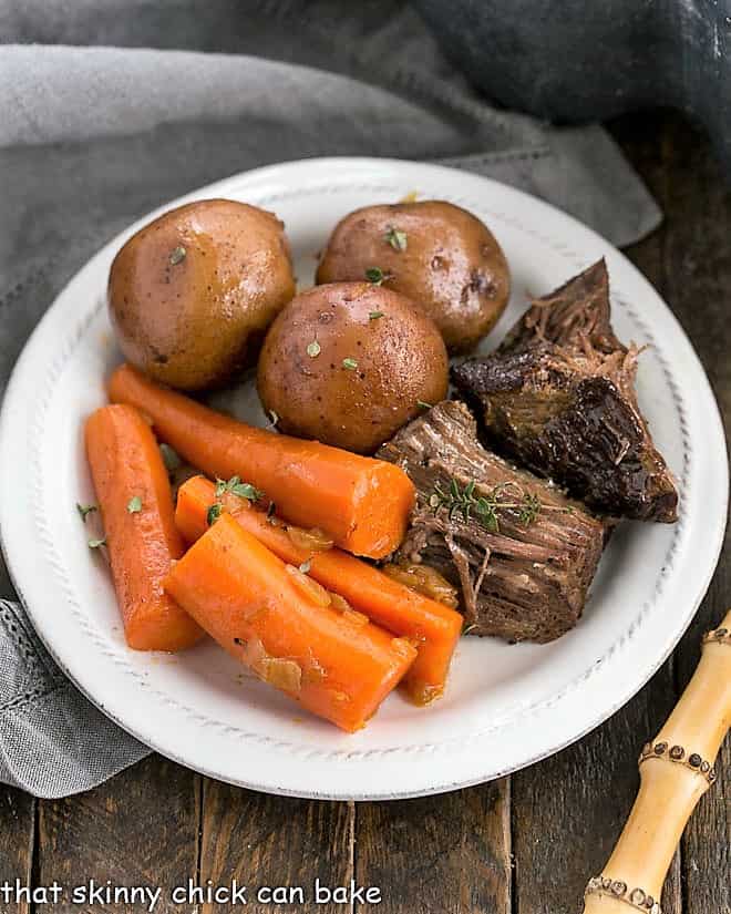 Overhead view of Instant Pot Beef Stew on a white plate.