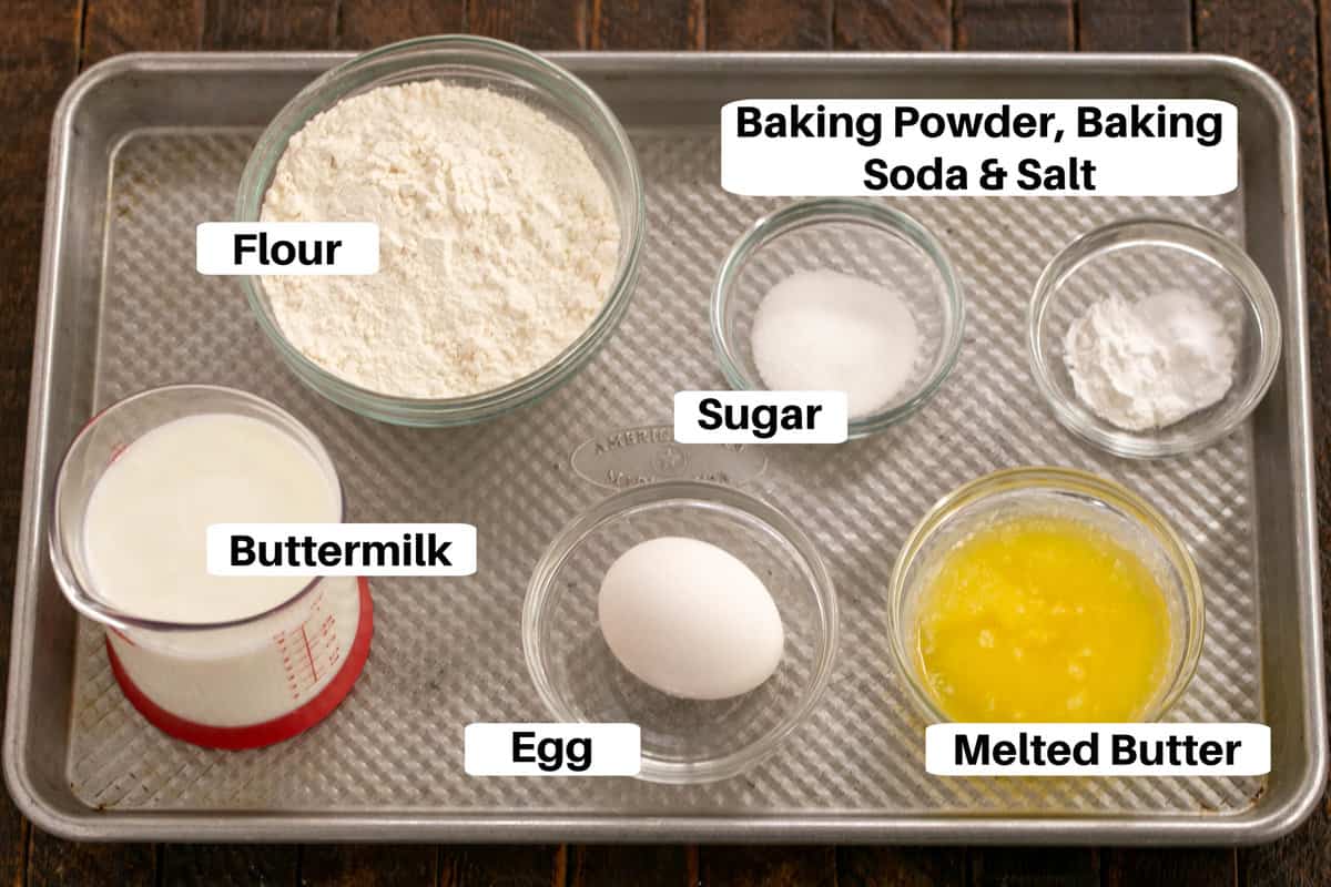 Buttermilk Pancakes Ingredients with labels on a metal sheetpan.