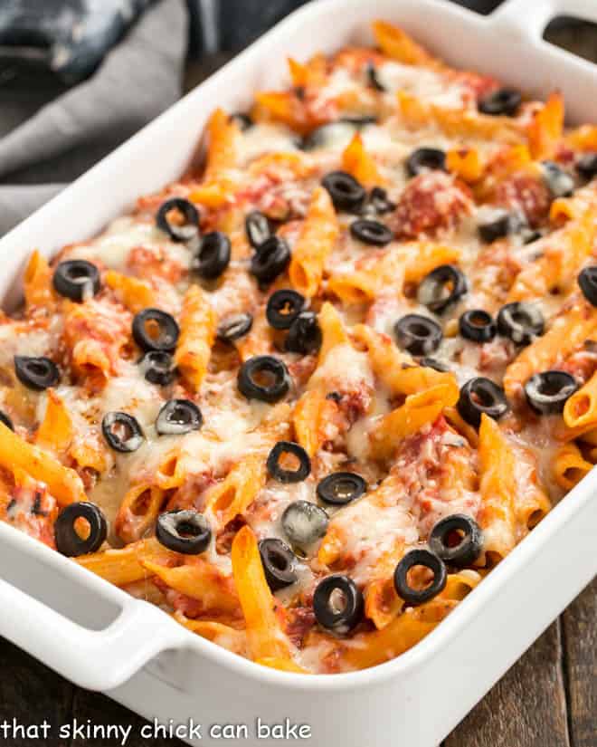 Overhead view of Pasta Bake with Tomatoes and Havarti in white casserole dish
