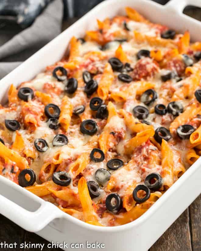 Overhead view of Pasta Bake with Tomatoes and Havarti in white casserole dish.