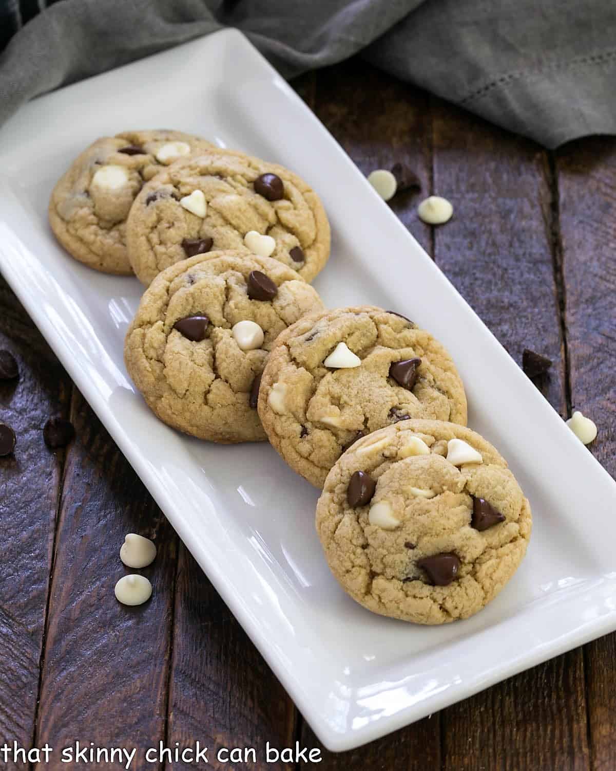 Pudding cookies on a white ceramic tray.