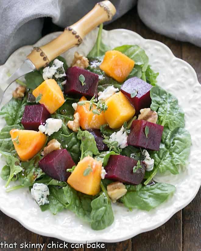 Close overhead view of  Beet Salad Recipe with Peaches and a flavorful beet salad dressing with honey and Dijon