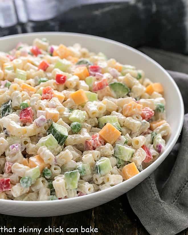 Easy Pasta Salad with Creamy Yogurt Dressing in a white ceramic serving bowl