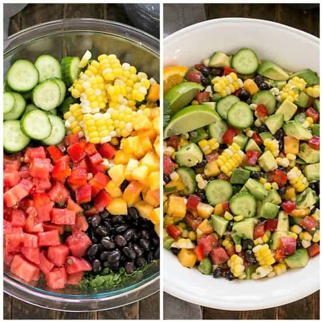 Chopped salad collage of ingredients in a bowl and finished salad in a bowl