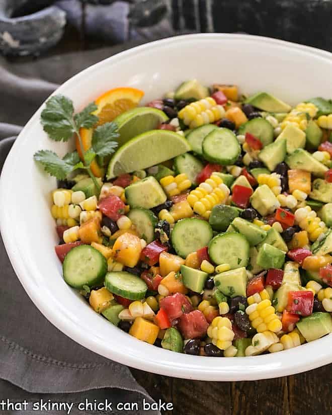 Overhead view of Southwest chopped salad in a large white serving bowl.