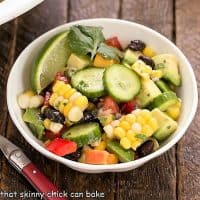 Small white bowl of black bean and corn salad