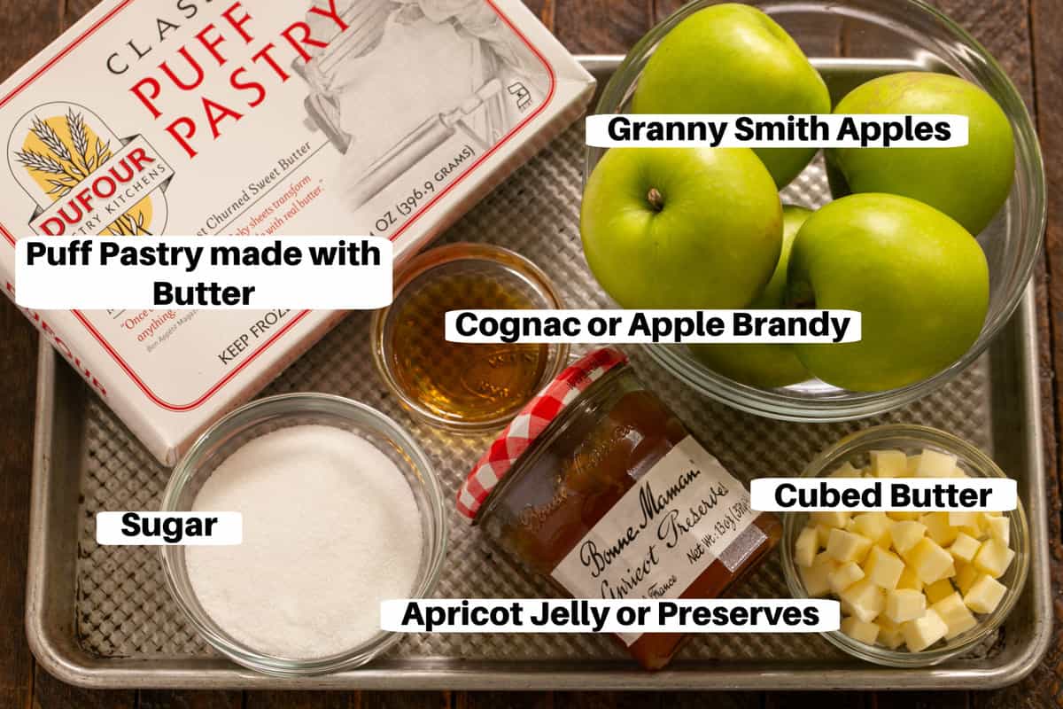 French Apple Tart Ingredients on a sheet pan with labels.
