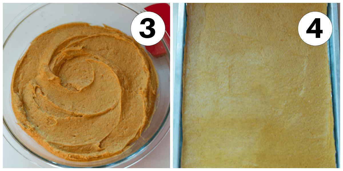 Pumpkin bars process shots 3 and 4 with batter in a bowl and spread in a sheet pan.