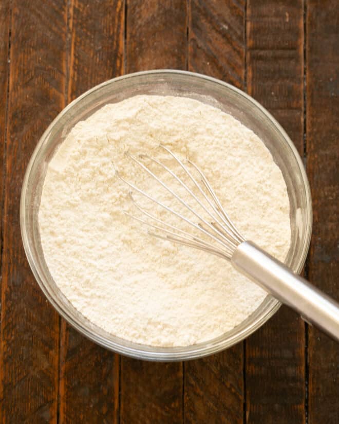 Whisked dry ingredients in mixing bowl.