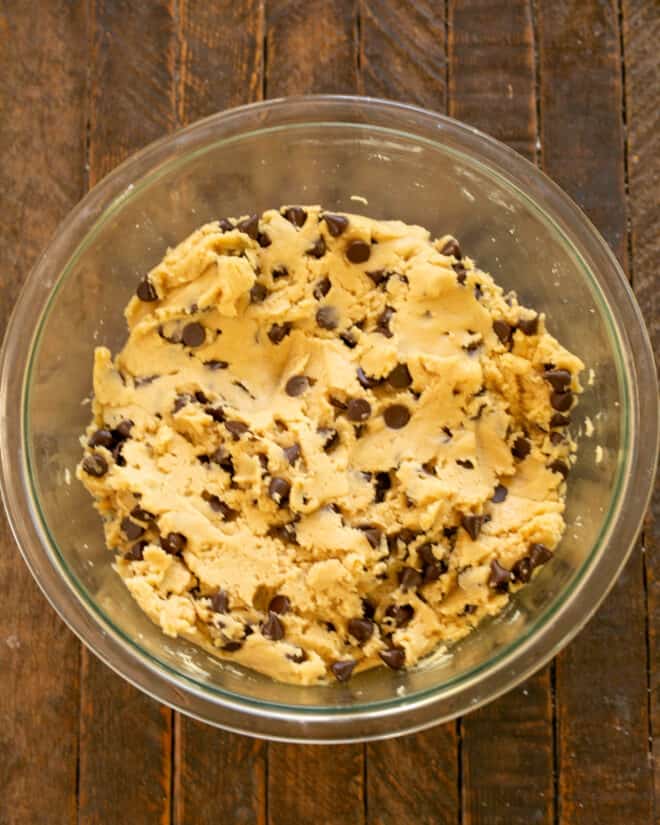 Chocolate chips added to dough.