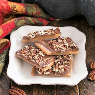 English toffee on a square white plate