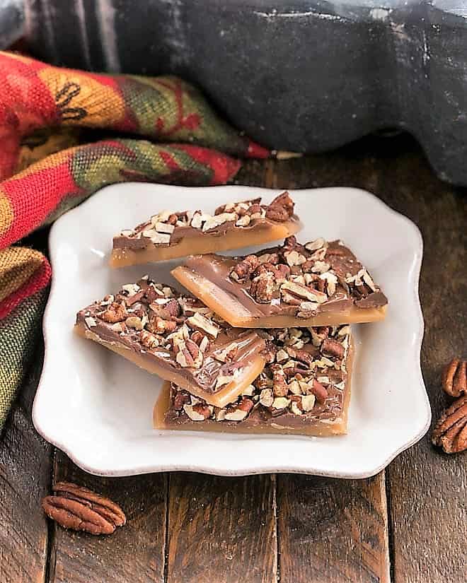 English toffee on a square white plate