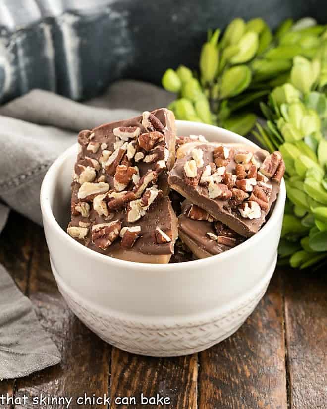 Classic English Toffee in a white ceramic bowl.