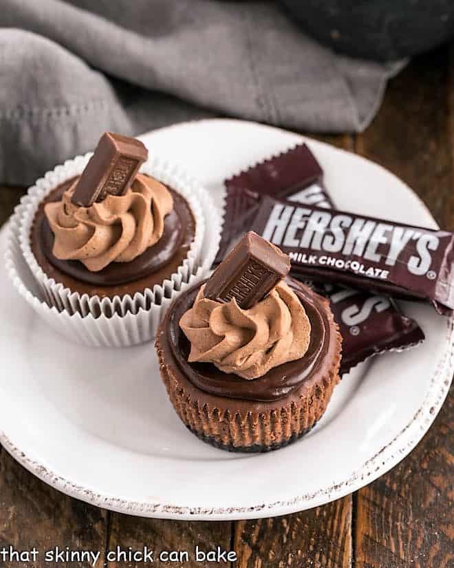 2 chocolate cheesecakes on a round white plate.