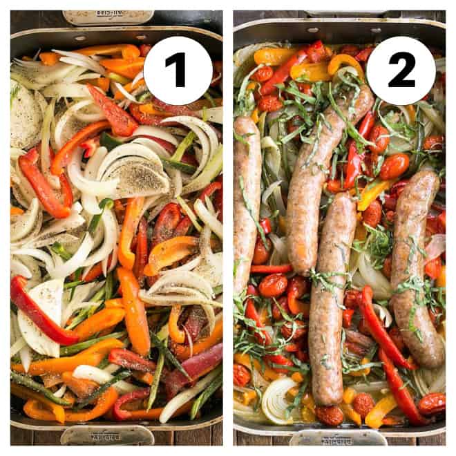 Process shots of how to make sheetpan sausage and peppers.