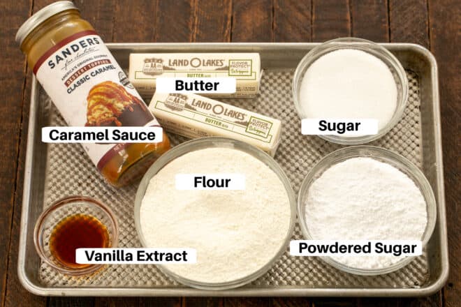 Caramel Butter Bars Ingredients with labels on a metal sheet pan.