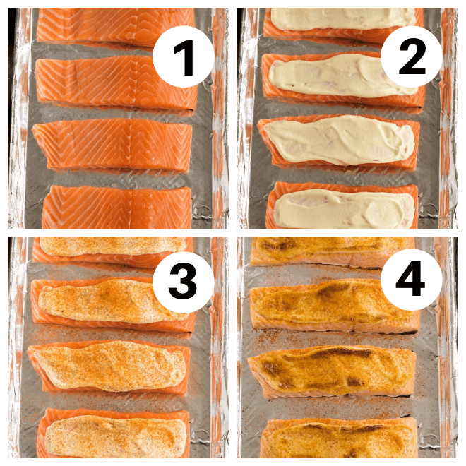 4 process shots of how to roast salmon numbered 1-4.