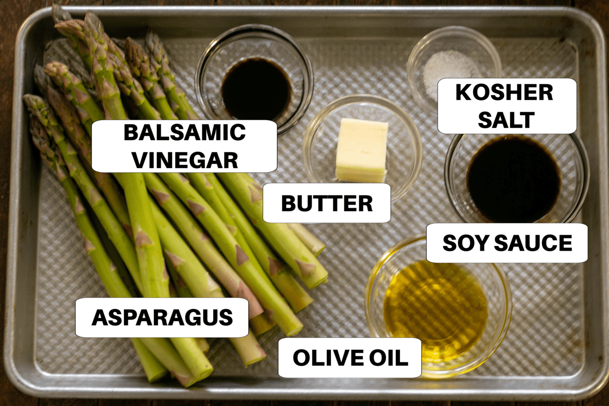 Roasted Asparagus with Balsamic Brown Butter Ingredients on a sheet pan with labels.