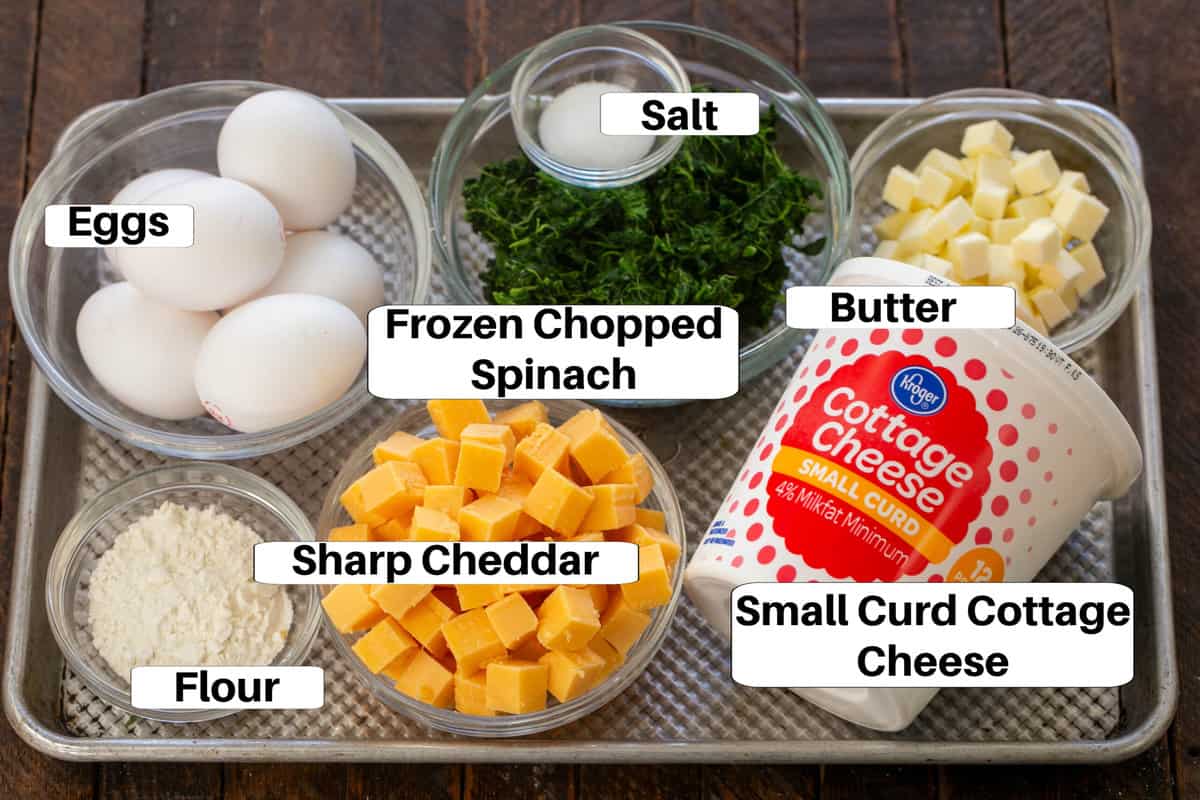 Spinach Souffle Ingredients  on a sheet pan with labels.