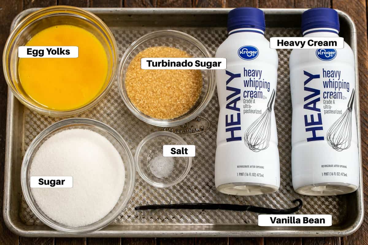 Creme Brulee Ingredients on a sheet pan with labels.