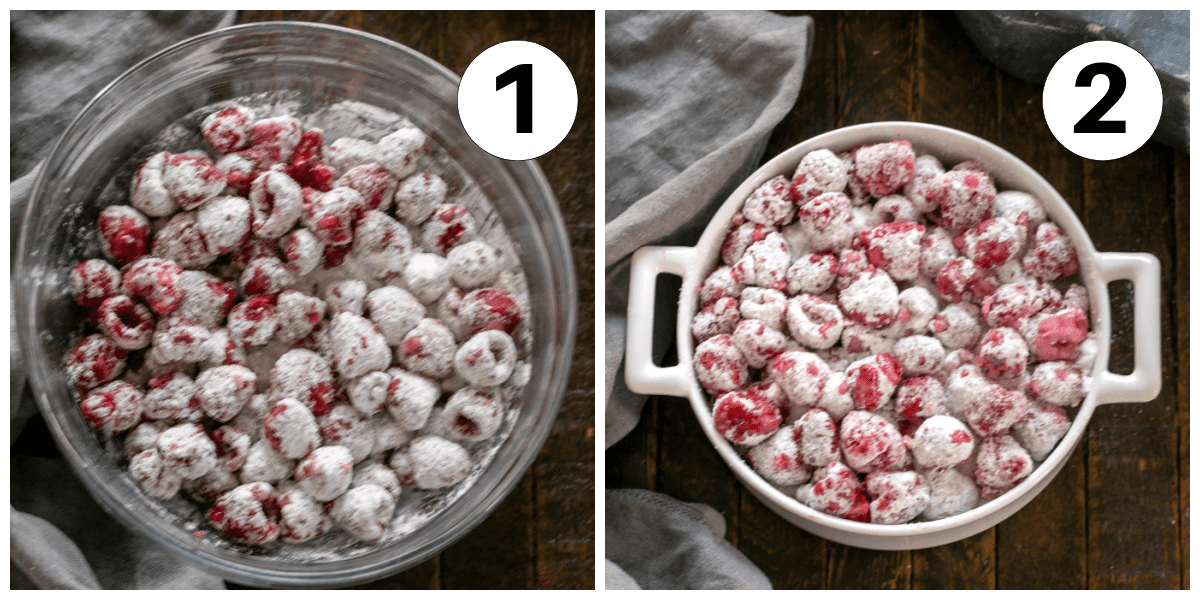 Numbered process shots of raspberry crisp, numbers 1 and 2.