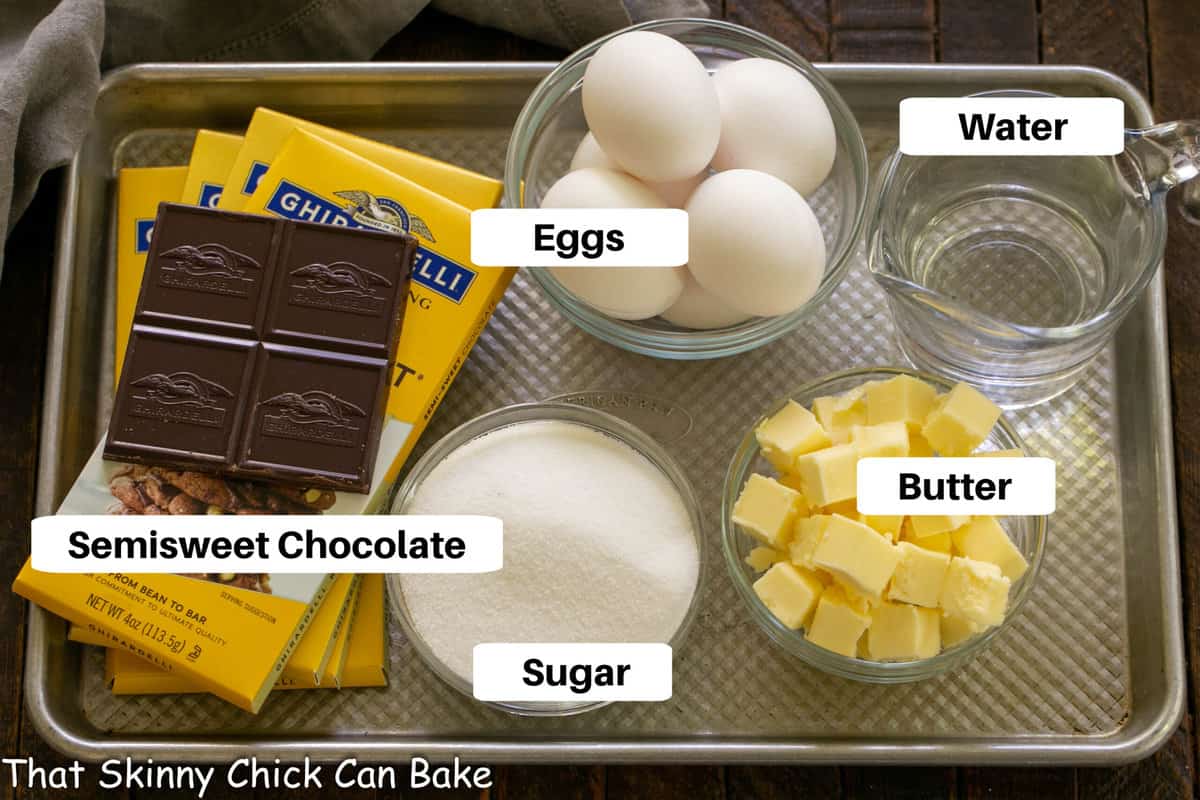 La Bete Noire Ingredients on a sheet pan with labels.