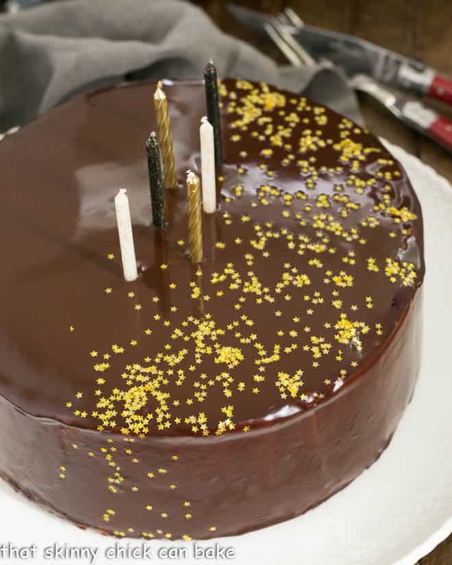 Chocolate Mirror Layer Cake on a serving plate.