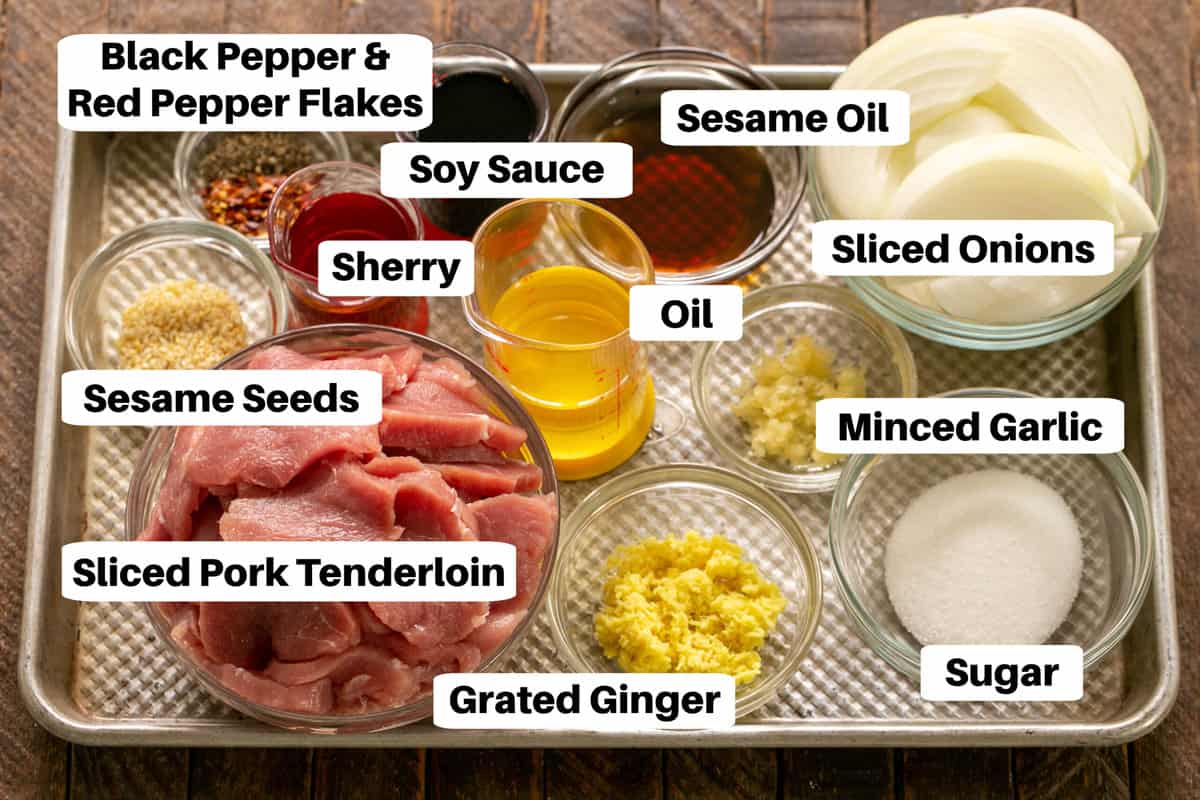 Bulgogi Ingredients with labels on a metal sheet pan.