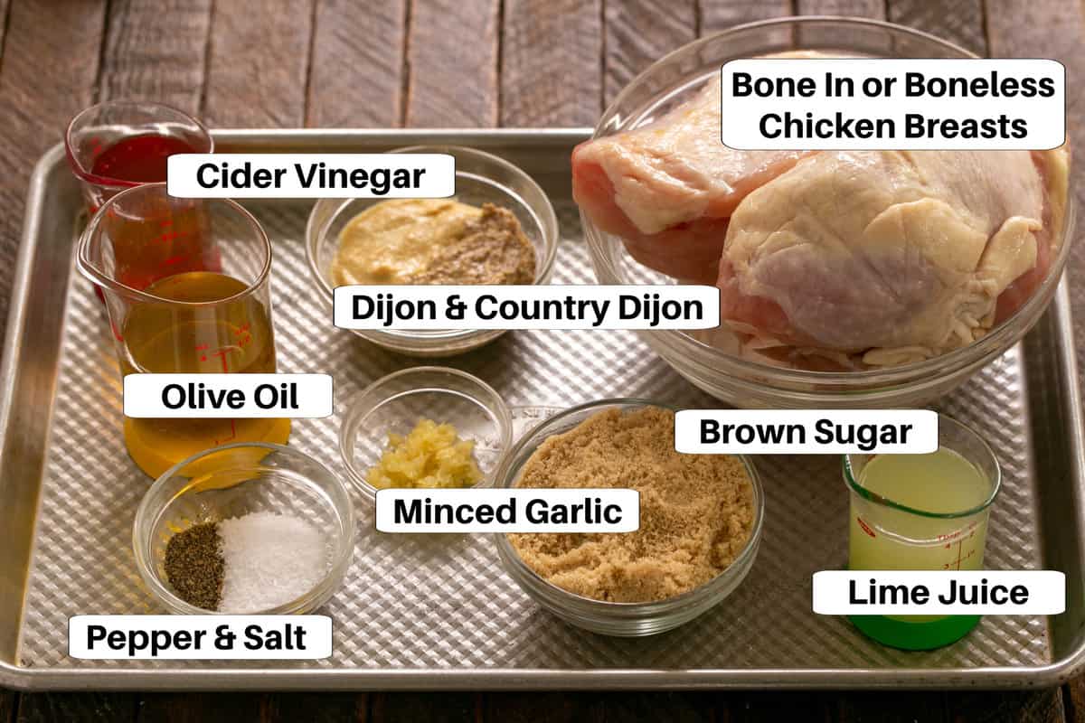 Chicken Marinade Ingredients on a sheet pan with labels.