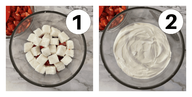 Process shots 1 and 2 for how to make a strawberry trifle.