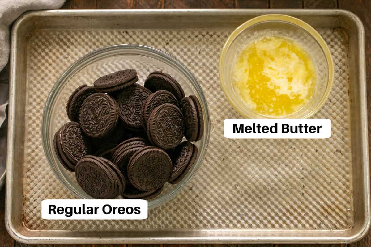 Grasshopper Pie Crust Ingredients on a metal sheet pan with labels.