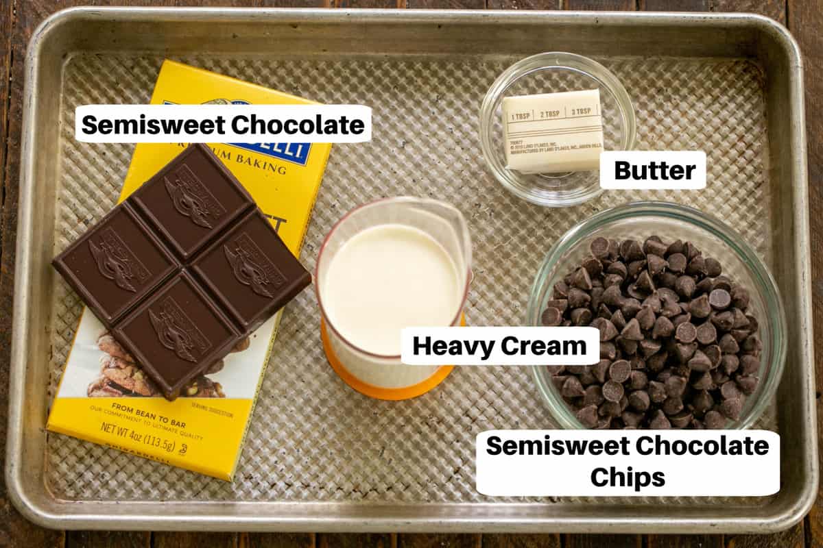 Chocolate Frosting Ingredients with labels on a metal sheet pan.