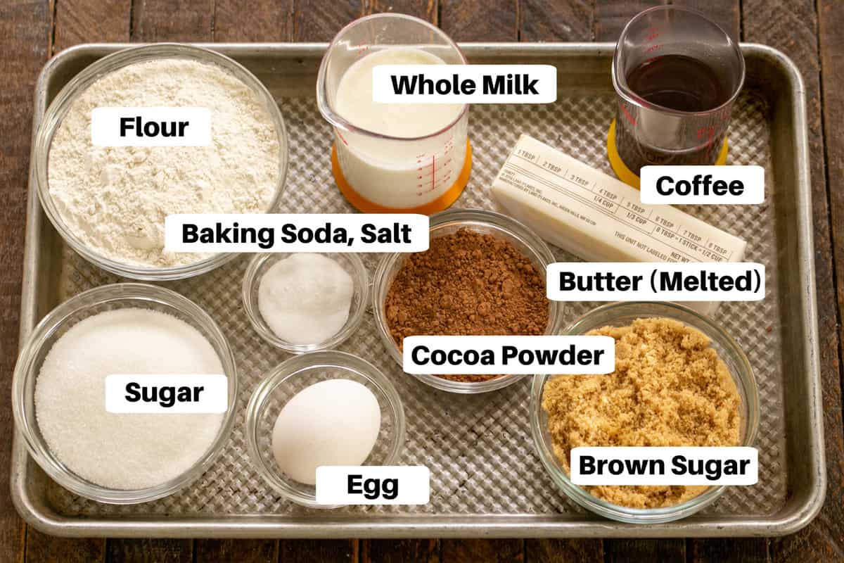 Dark Chocolate Cupcake Ingredients with labels on a metal sheet pan.