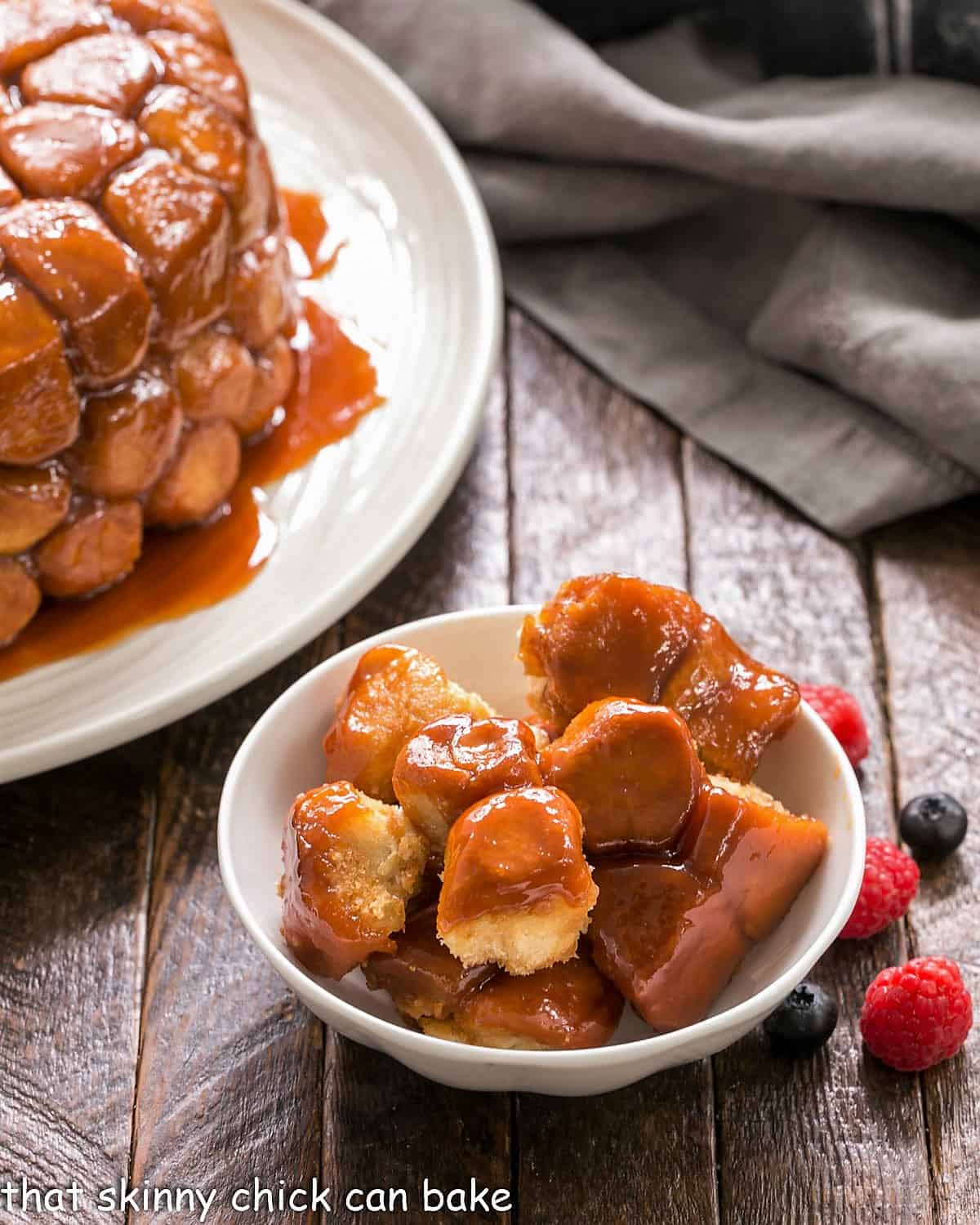 Monkey bread in a white ceramic bowl.