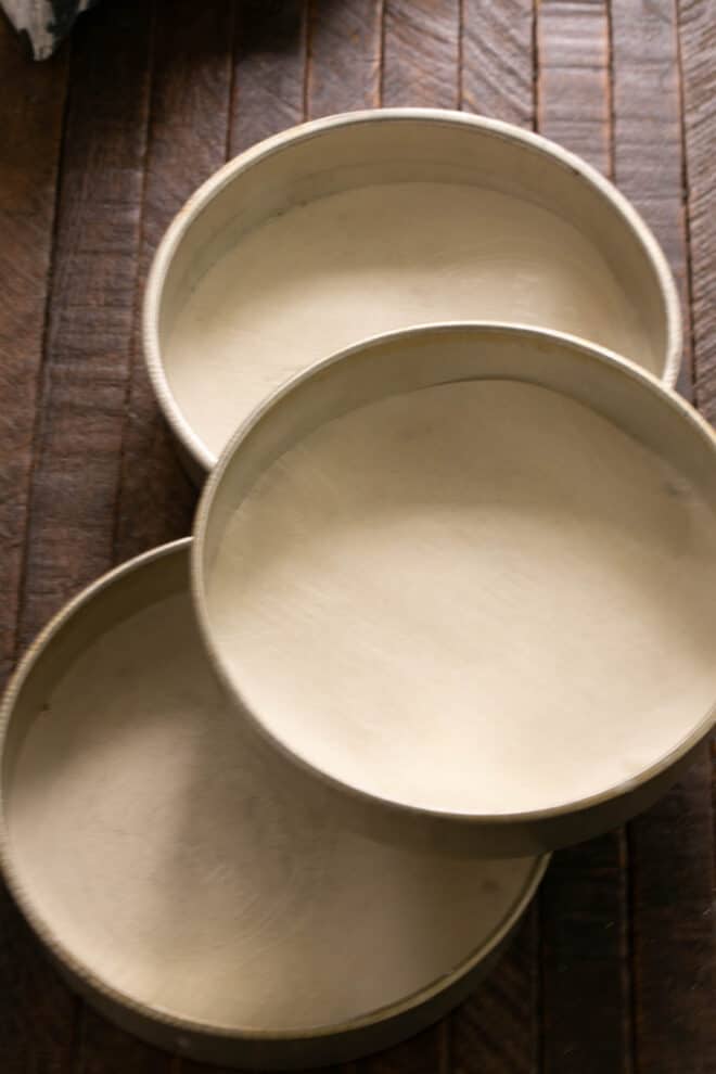 Cake pans lined with parchment and greased.